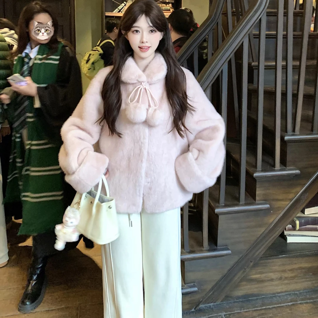 桃粉千金韩系带毛球可爱毛毛外套女冬宽松短款环保外套上衣