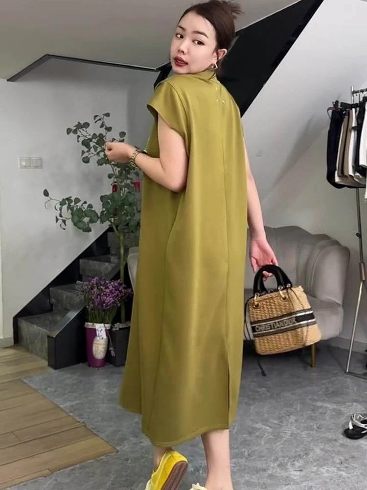 胖mm特大码300斤慵懒风开叉过膝长裙女夏季宽松休闲短袖连衣裙潮2