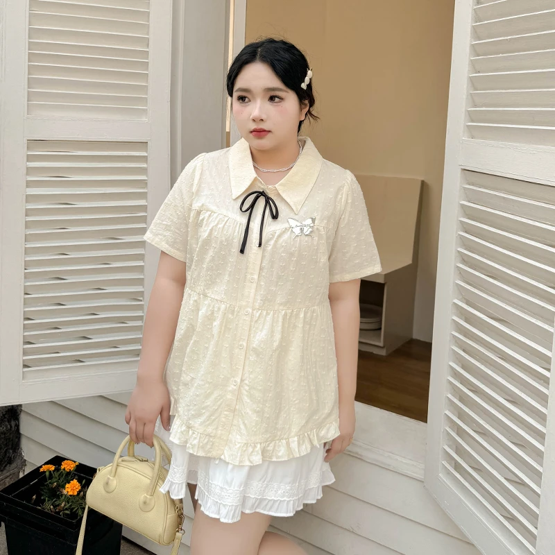 DX7441大码女装【日系学院风衬衫】肌理感蝴蝶结设计短袖夏季衬衣
