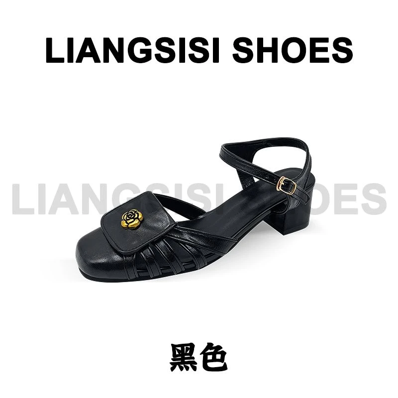 梁思思SHOES新款包头透气一字扣带山茶花高跟鞋-0616