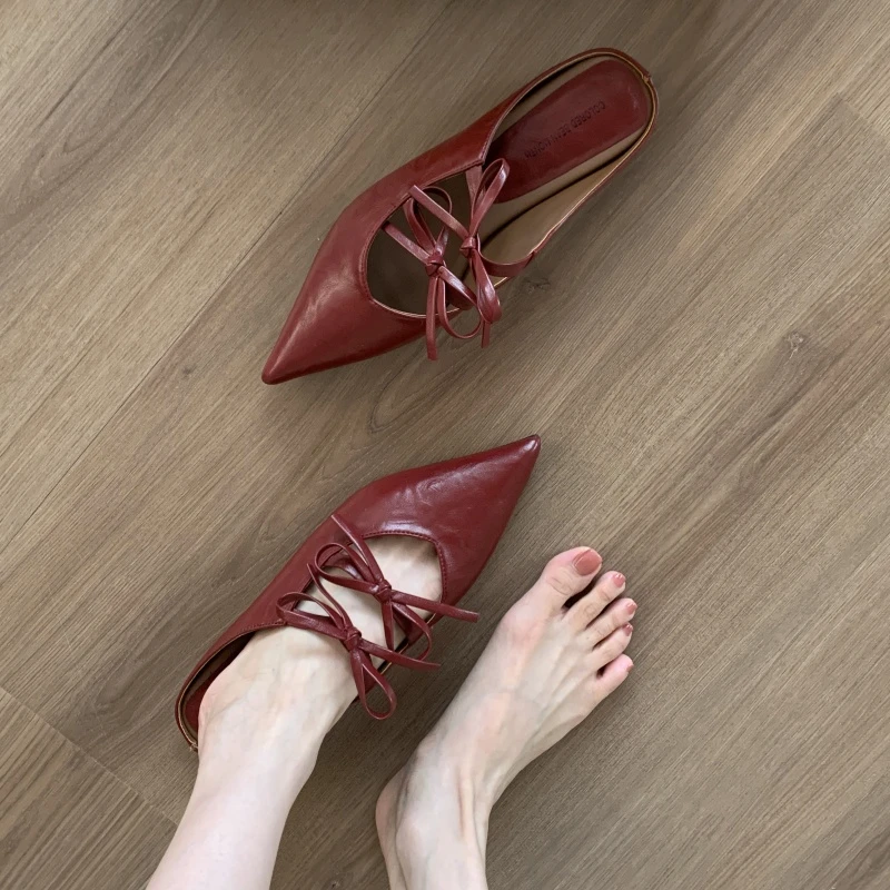 粗跟法式蝴蝶结包头半拖鞋外穿女鞋2025年夏季新款浅口尖头小凉拖