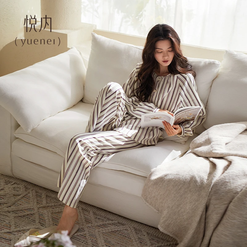 悦内睡衣女士春秋款春装纯棉纱布长袖家居服休闲开衫条纹圆领套装