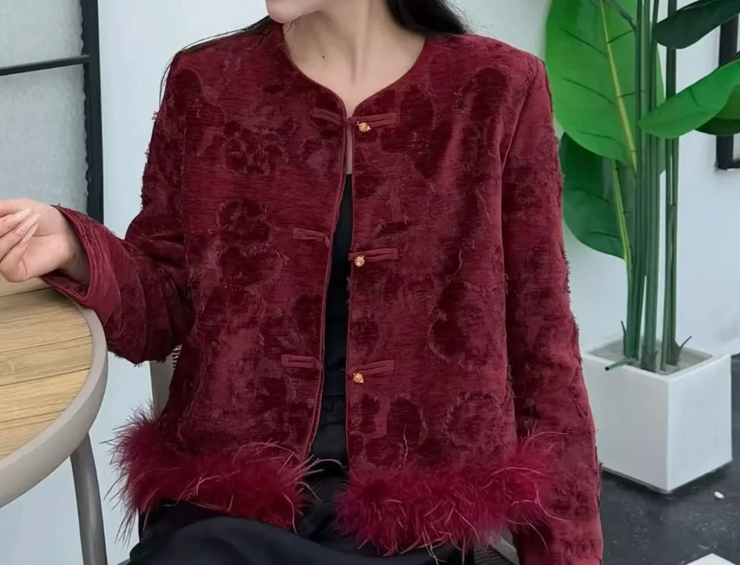 【8503】红云—高端圆领新中式复古时尚女加绒加厚棉服外套上衣国风