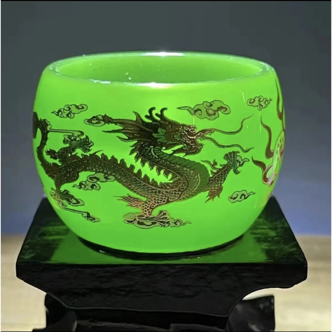 龙凤戏珠帝王绿色琉璃杯 高端茶器 手工茶杯 茶盏 杯子