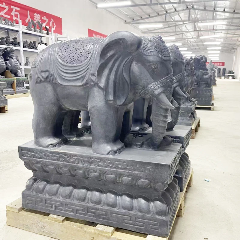 石雕石头青石富贵象一对门口原石雕刻大象看门天然石材象摆件庭院