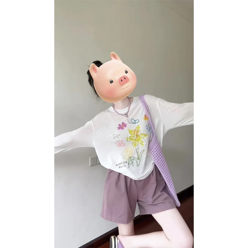 涂鸦花朵罩衫长袖白色t恤空调衫防晒薄款辣妹上衣短裤休闲五分裤