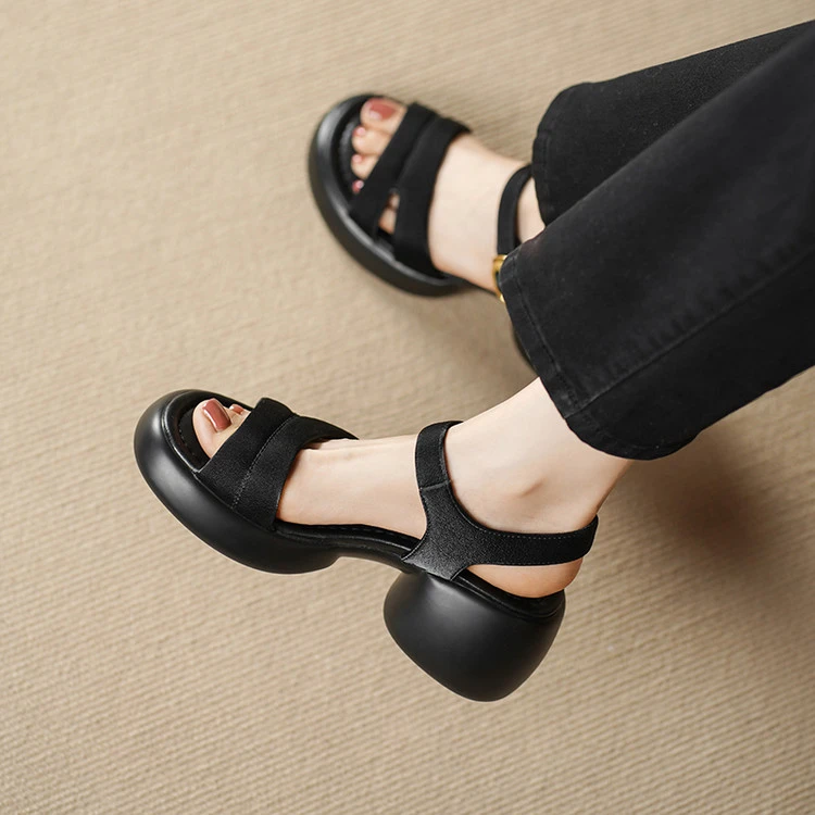 羊皮~7cm高跟鞋真皮时尚百搭简约休闲舒适厚底软底气质新款凉鞋女