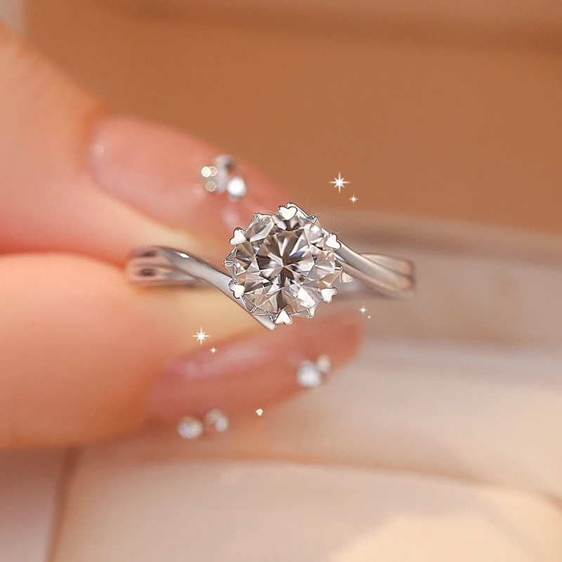 925银莫桑石戒指 【扭臂雪花】闭口镶嵌经典女婚戒轻奢商场品牌同款