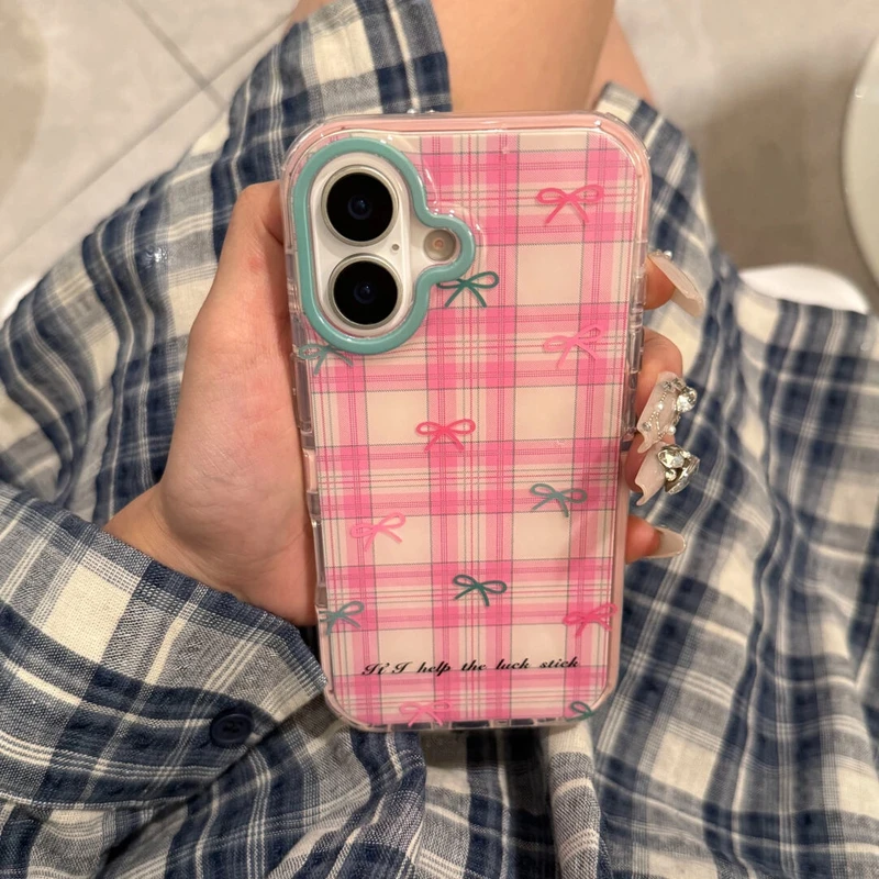 少女粉边格纹蝴蝶结适用iPhone16promax手机壳苹果15pro日韩14/13
