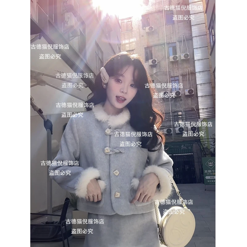 【雪国精灵】高级感毛呢新中式气质外套+毛呢时尚半身裙套装两件套
