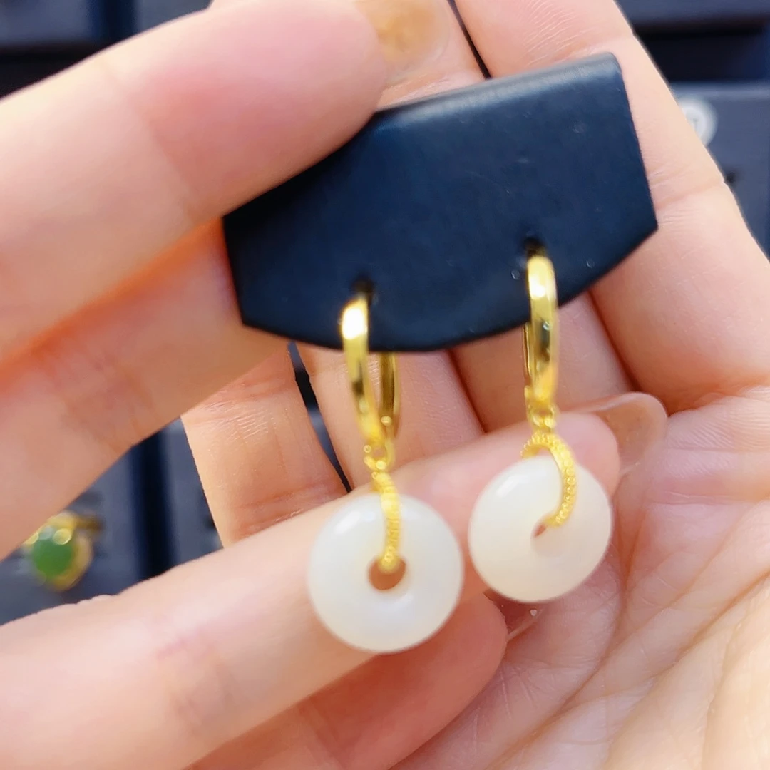 和田玉银S925镀金镶嵌耳饰