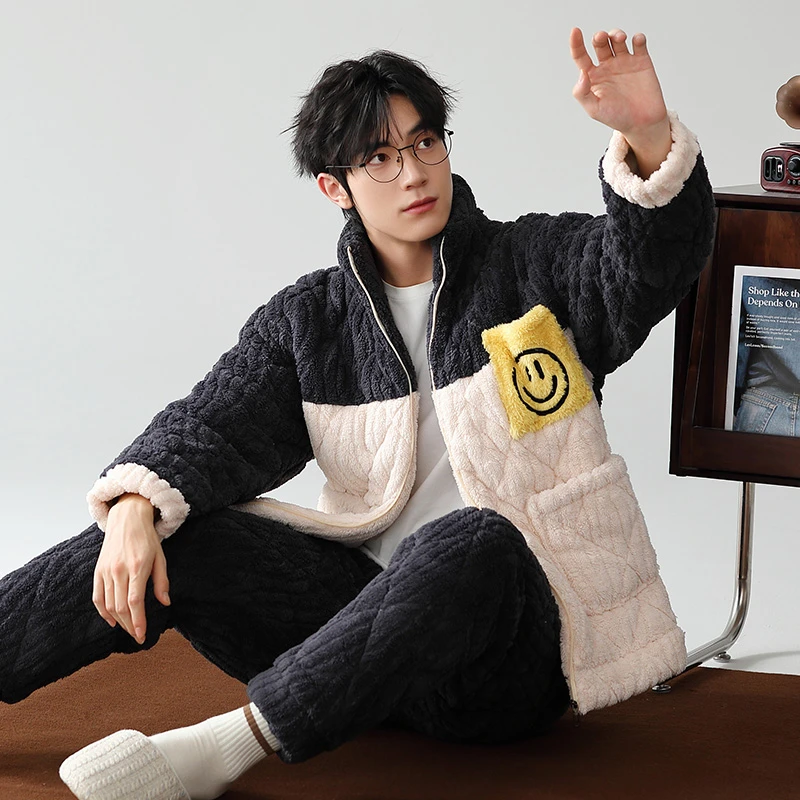 睡衣男士冬加绒加厚三层夹棉珊瑚绒2024年新款大码冬天家居服套装