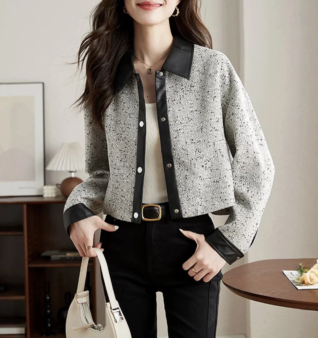 595 极简拼皮小香休闲机车风外套