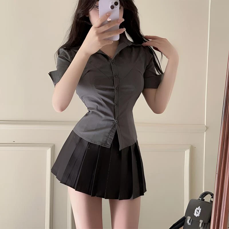 套装纯欲收腰jk制服衬衫女修身气质百搭衬衣短袖显瘦两件套百褶裙