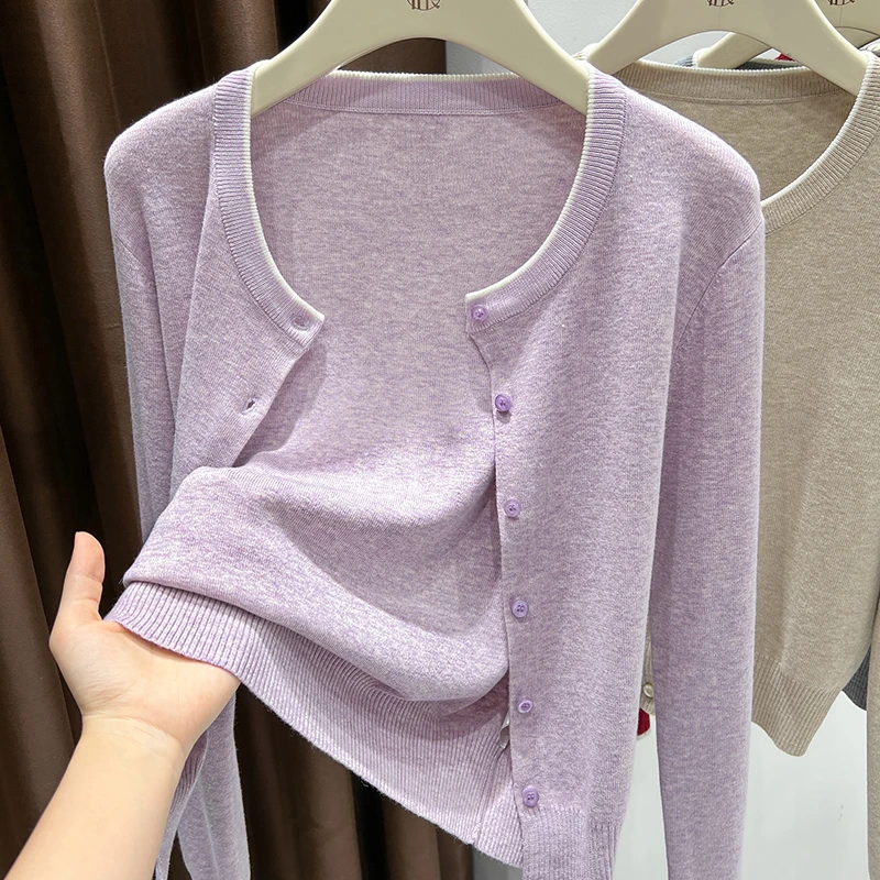 紫色纽扣圆领长袖开衫女配连衣裙外搭2025秋季新款高档毛衣短外套