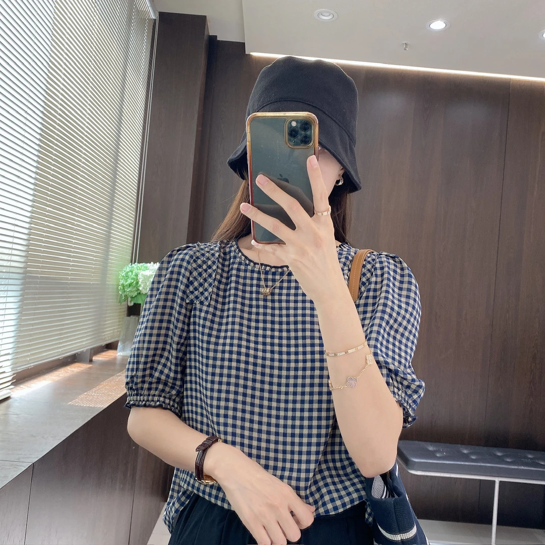 IMFLY金小金自制女装 小衫DYW9523夏日泡泡袖黑白格圆领衬衫