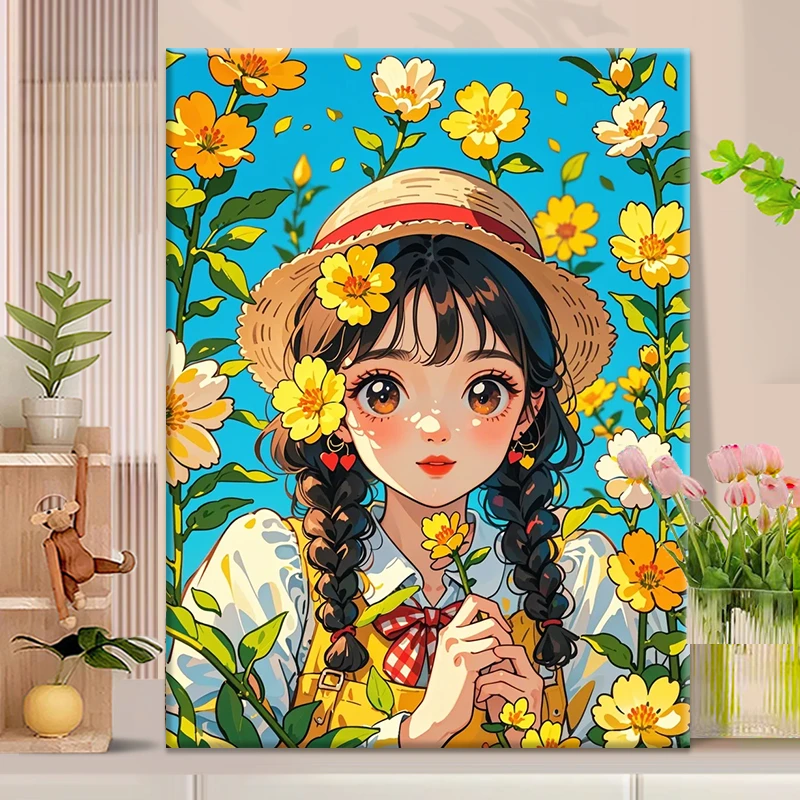 雏菊少女|diy数字油画丙烯填充手绘花卉少女治愈系减压油彩涂色画