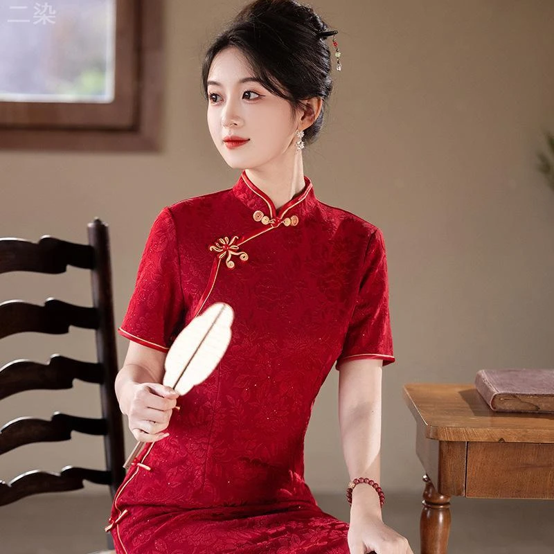 夏季新款国风提花中长款高雅显瘦红色气质订婚宴会婚礼送考旗袍敬
