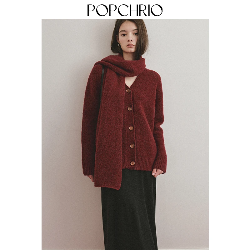 POPCHRIO欧可芮慵懒风红色V领羊毛针织开衫毛衣外套大围巾披肩