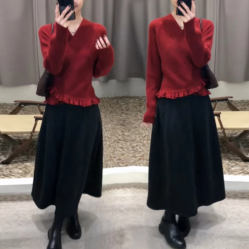 针织衫半身裙木耳边套装2025秋冬优雅风格简约设计高级日常穿搭