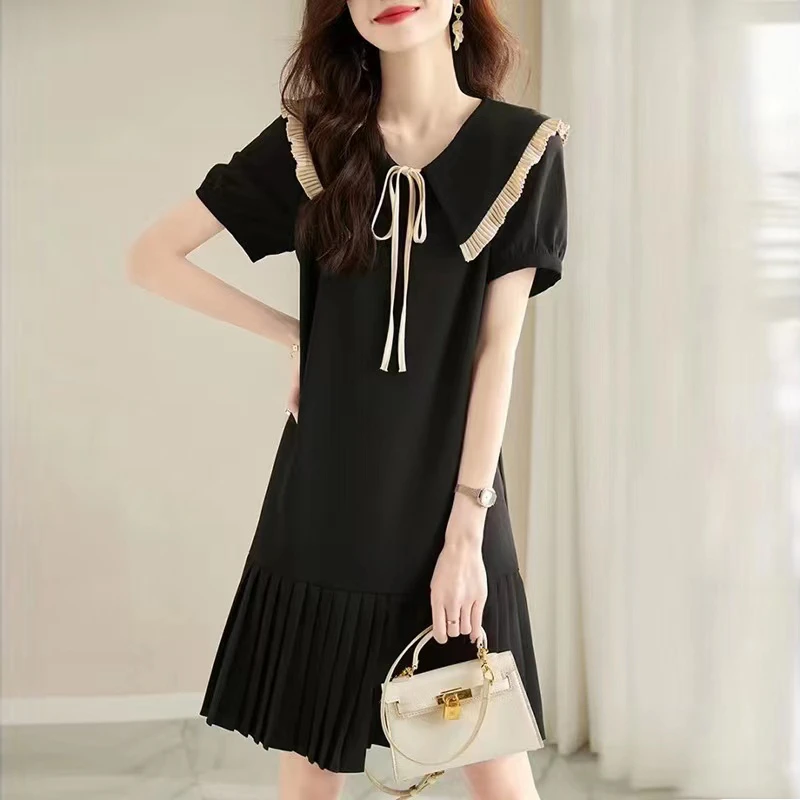 哥弟阿玛施正品法式赫本风娃娃领A字百褶显瘦蝴蝶结黑裙夏季新款