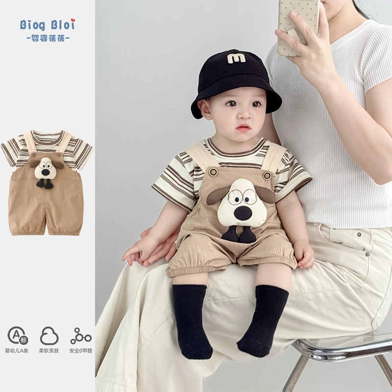 宝宝夏装背带裤套装洋气新款童装卡通男童夏季薄款衣服短袖两件套