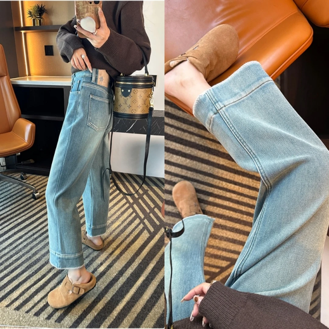 刺绣花边加绒直筒牛仔裤女秋冬新款梨形身材显瘦弹力九分阔腿裤子