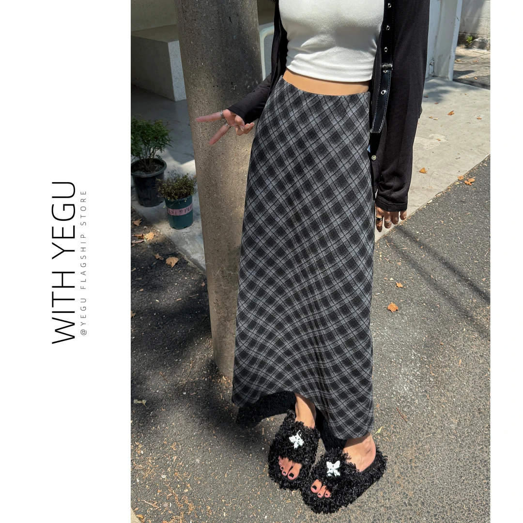 学院风格纹半身裙女秋冬季加厚毛呢a字中长裙后开叉包臀裙