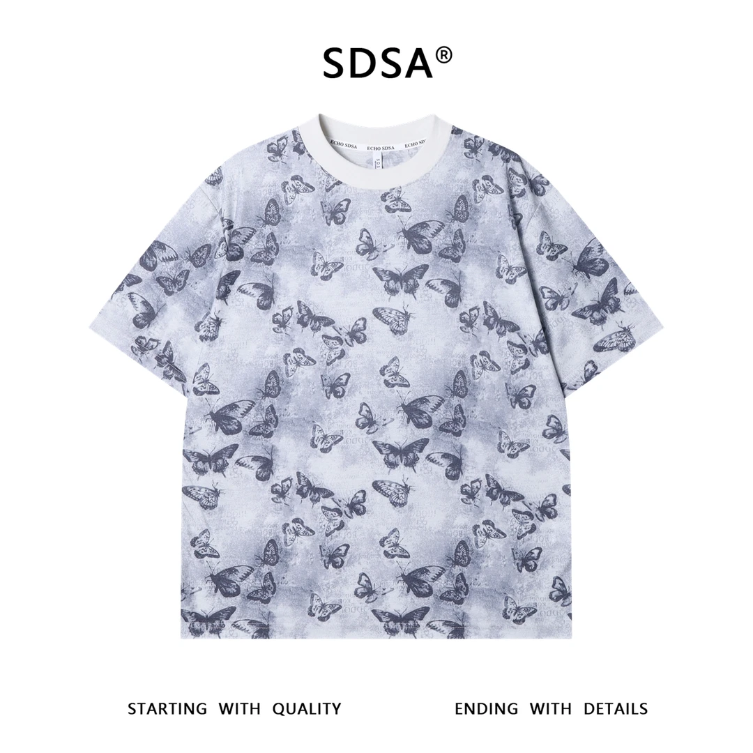 夏季高级感新款韩系潮牌蝴蝶图案圆领短袖T恤亲肤舒适百搭上衣