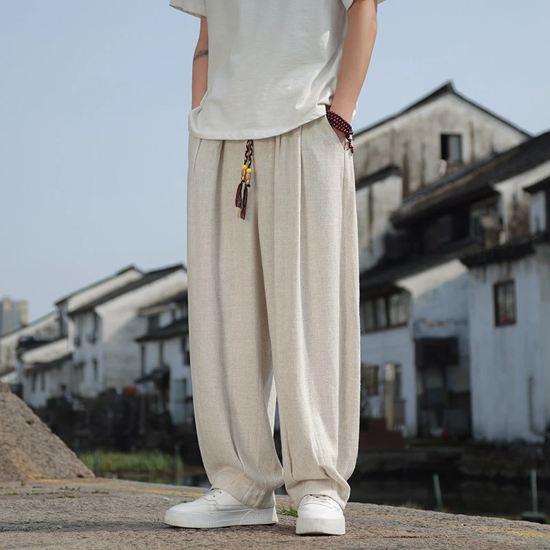 春夏中国风亚麻裤子男唐装薄款宽松大码肥佬阔腿灯笼裤棉麻哈伦裤