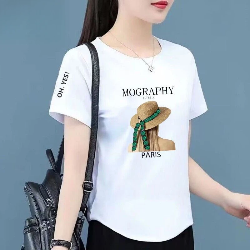 时尚新款棉短袖T恤女装夏季韩版弧形下摆显瘦短款印花白色体恤潮