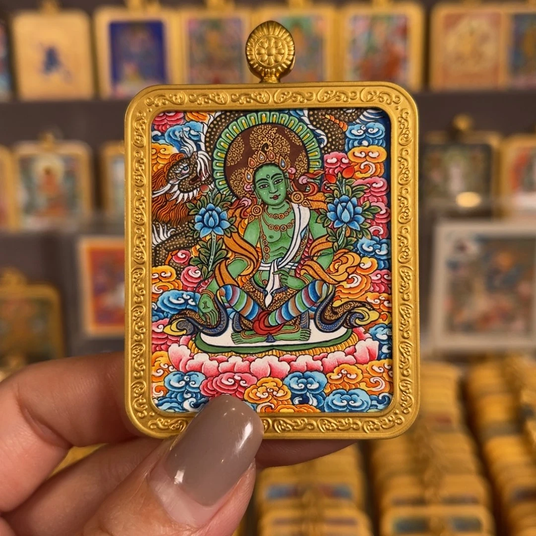 吊坠绿度母观音化现满工满彩青海热贡唐卡