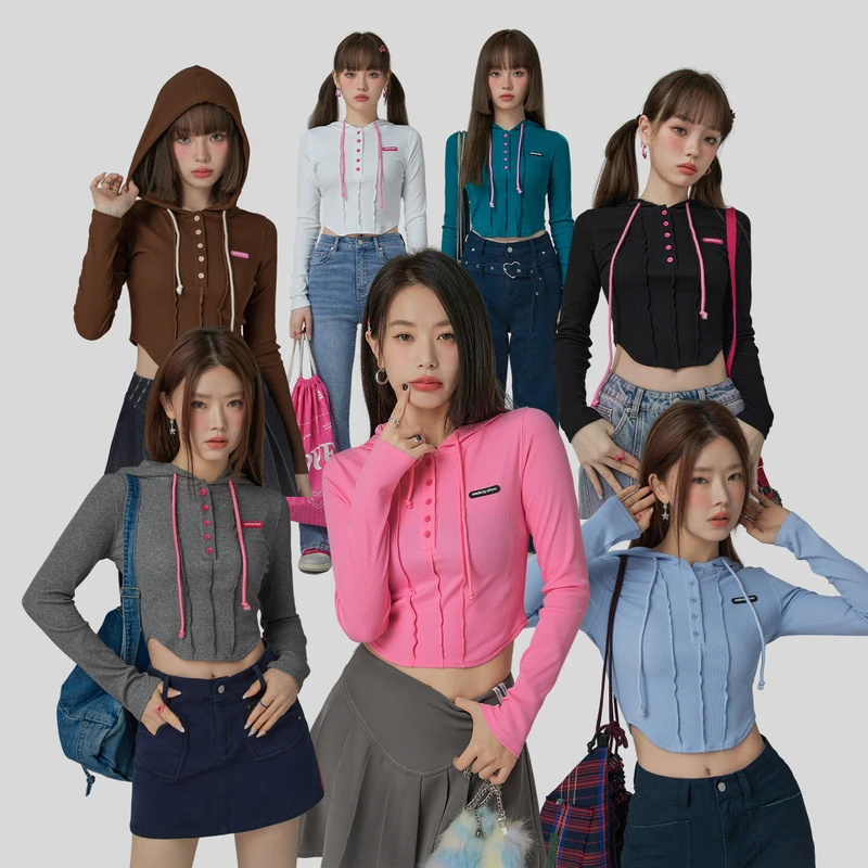 AB018 【马琦尧专属】CHUU春季新品辣妹修身显瘦短款抽绳连帽T恤-Y