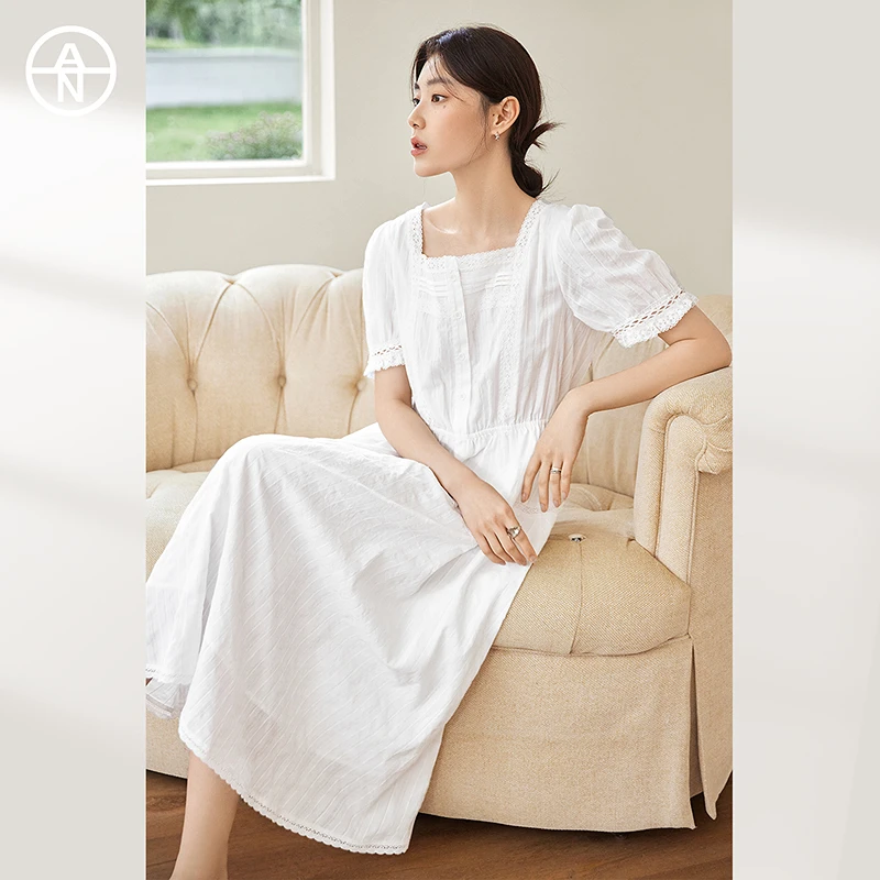 AN大码女装【纯白之恋】法式优雅泡泡袖连衣裙夏季胖mm初恋白裙子