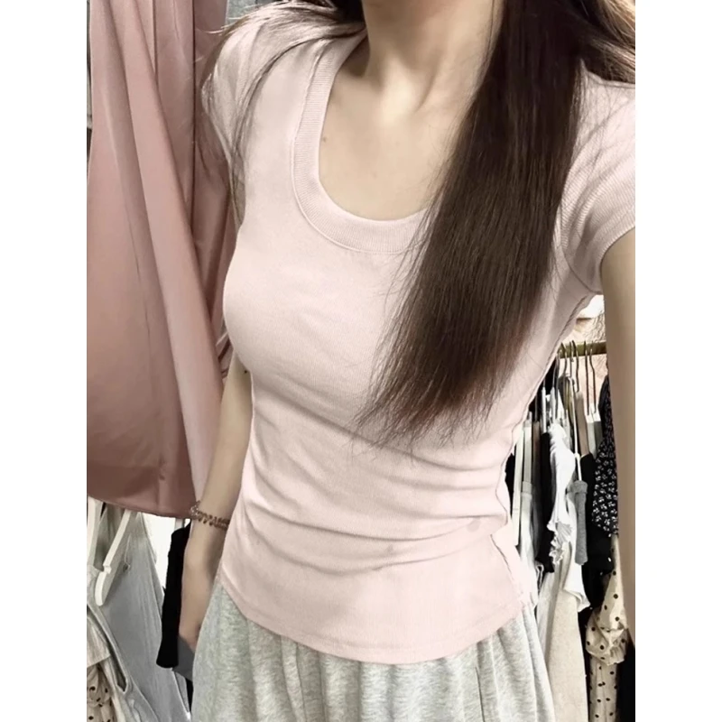粉色U领正肩短袖女2025春夏季修身辣妹bm显瘦打底内搭上衣简约T恤