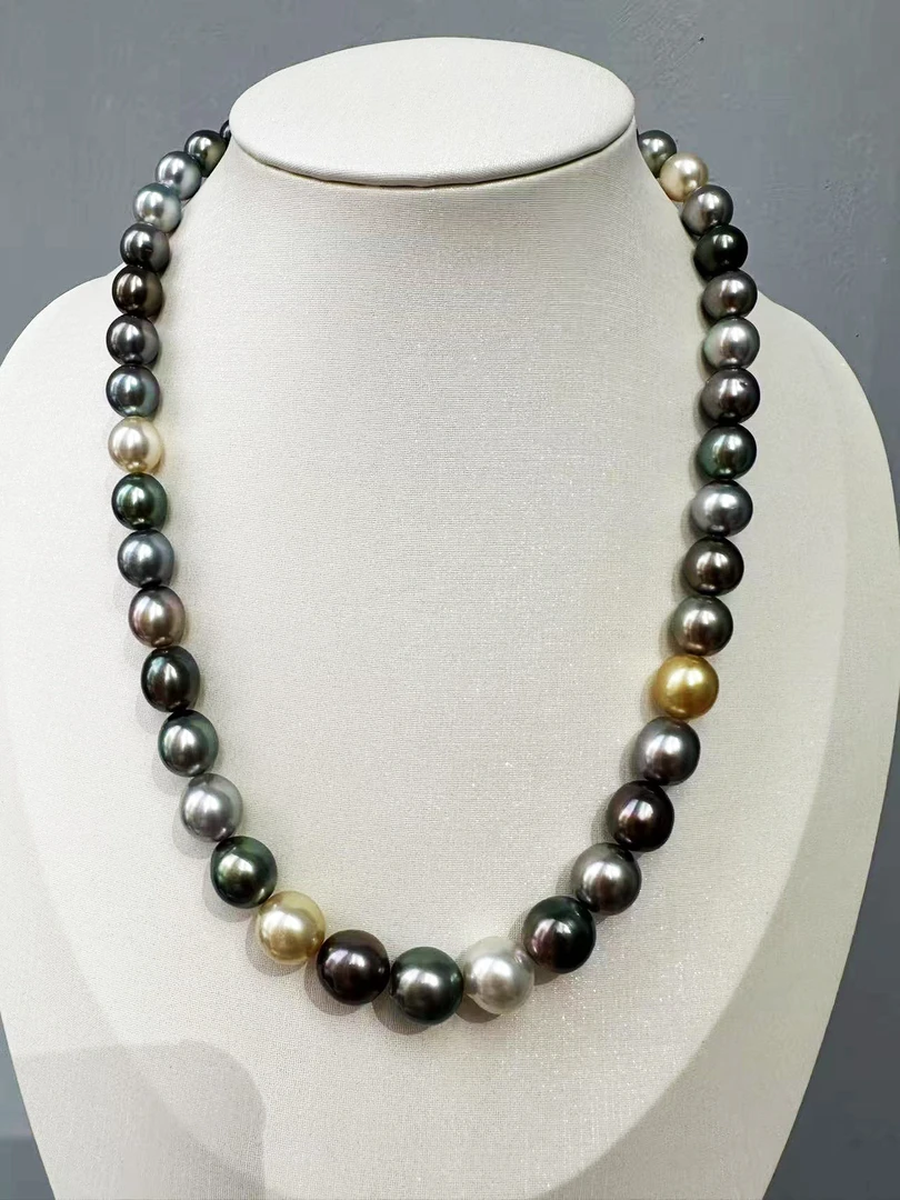 Coral珍珠，8-11mm南洋三兄弟，大溪地金珠澳白多色混彩珠，强光微瑕