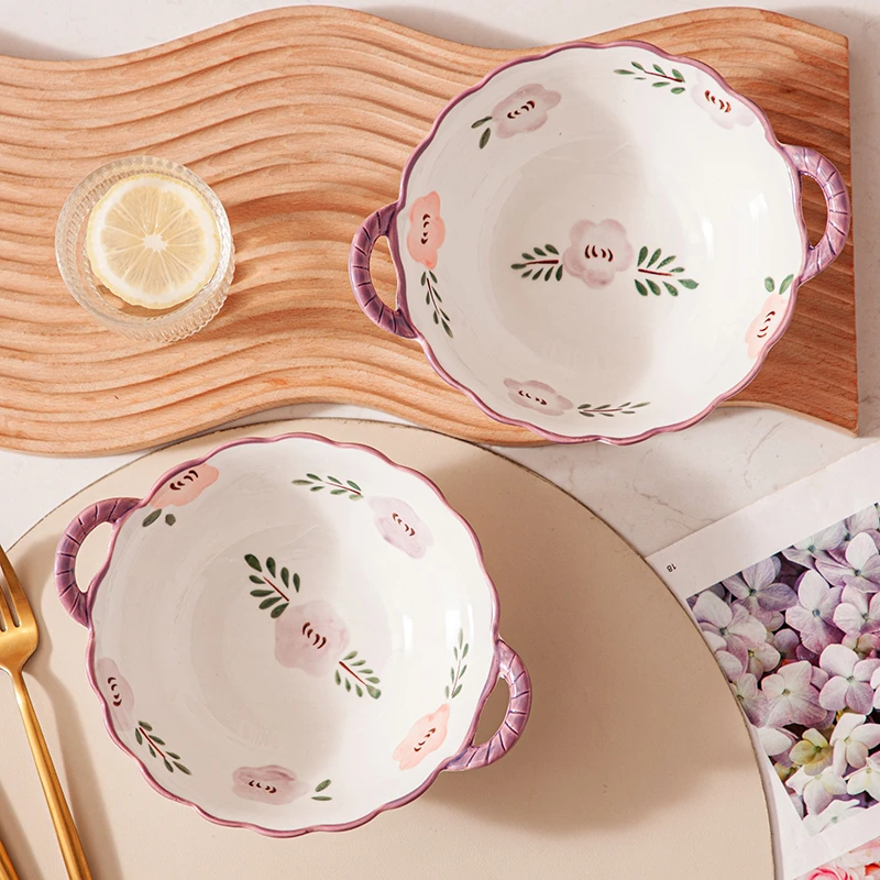 紫萱花双耳汤碗陶瓷碗釉下彩沙拉碗家用面碗2碗2勺