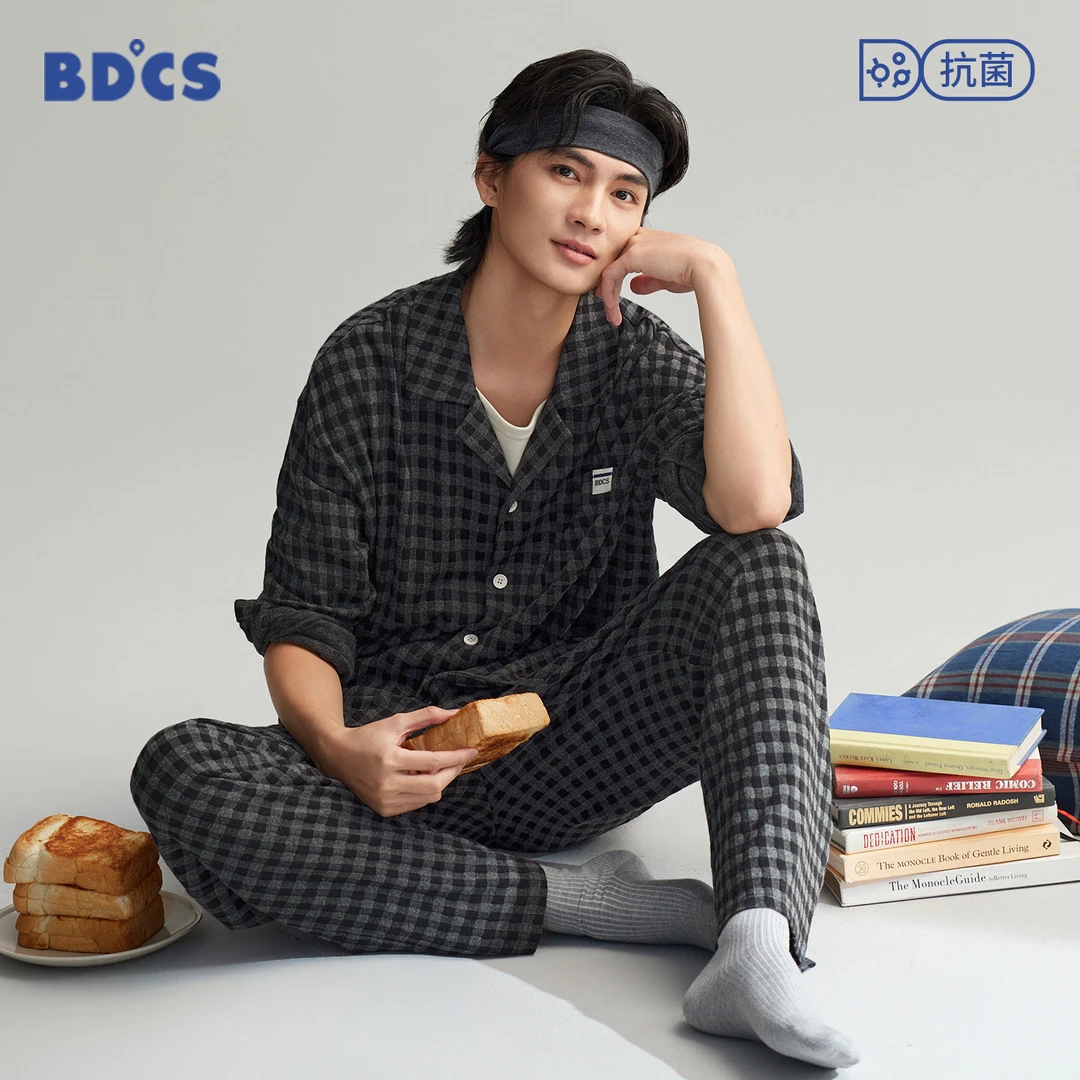半岛城市秋冬季纯棉格子印花宽松男士睡衣时尚运动家居服高档套装