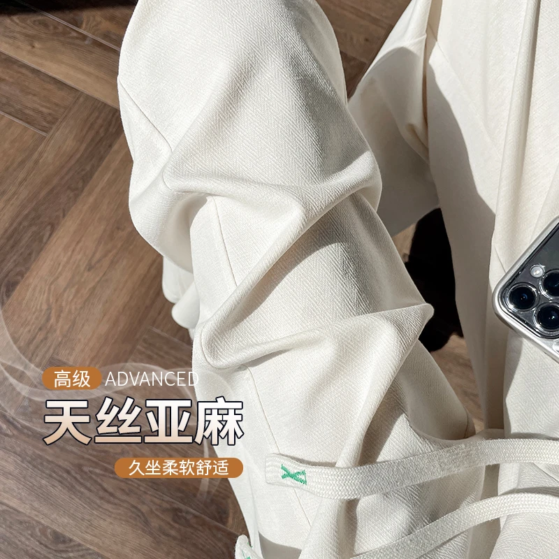 天丝亚麻直筒裤女独特漂亮初夏薄裤子白色棉麻裤垂坠感窄版阔腿裤