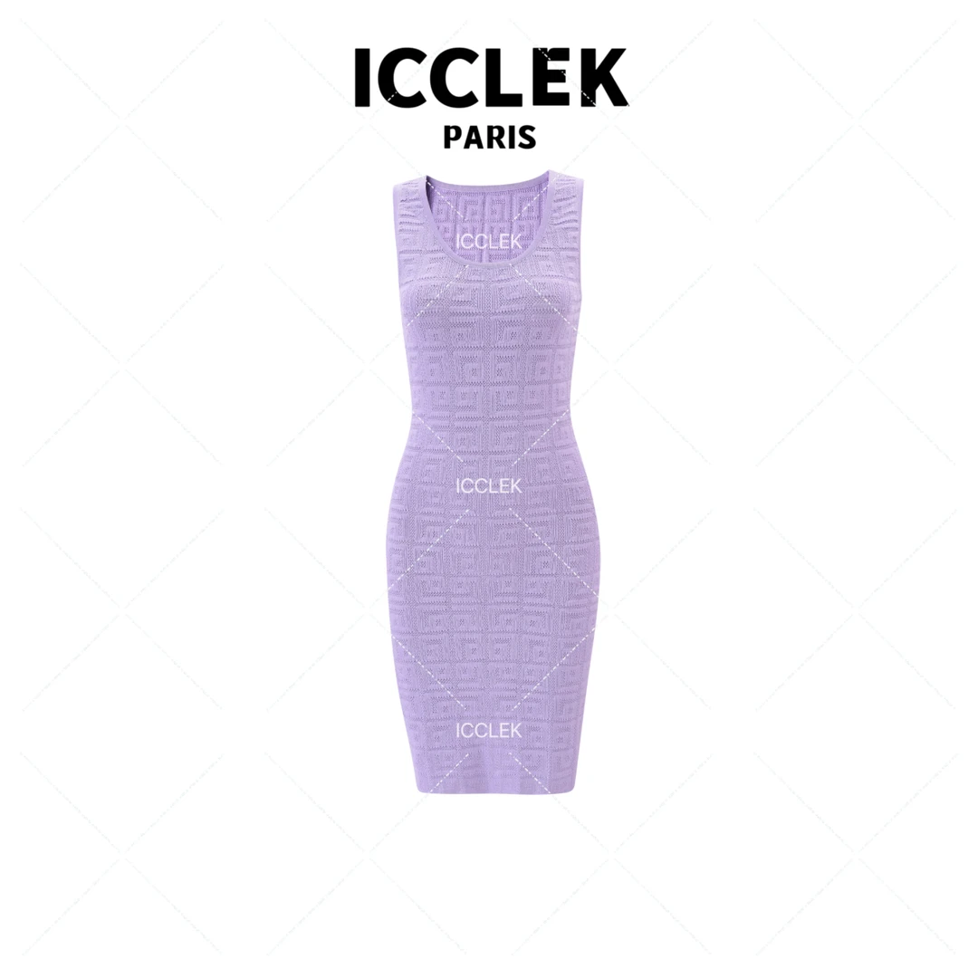 ICCLEK 紫色针织无袖连衣裙修身显瘦气质 百搭名媛通勤裙子 -1344