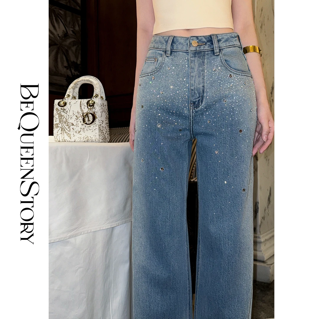 BeQueenStory【海盐水晶】高级感时尚百搭重工烫钻直筒牛仔裤2025