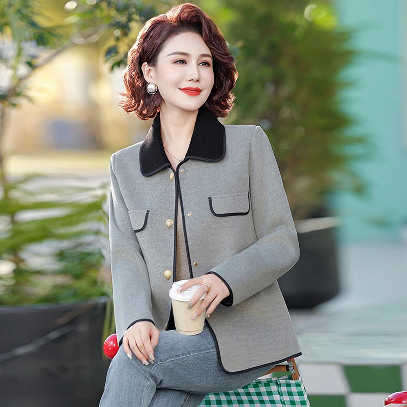 妈妈春装外套2025新款中年妇女夹克上衣中老年女装春秋双面呢大衣