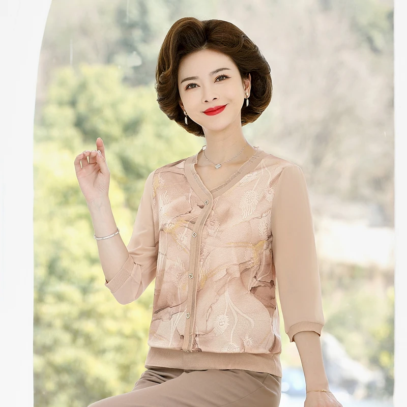 妈妈装春夏薄款T恤女洋气纱袖雪纺衫中年女春秋七分袖上衣23803