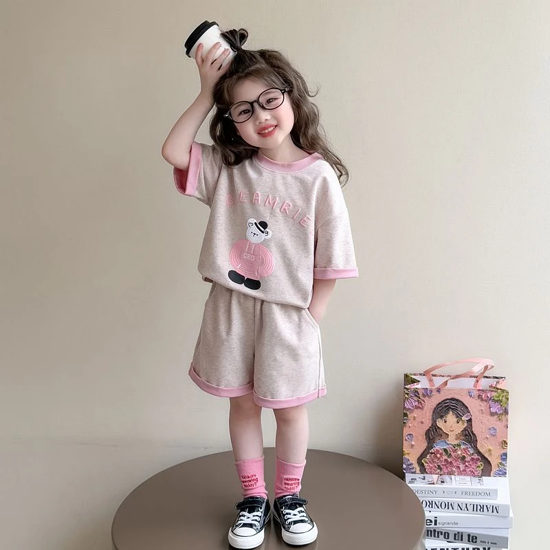女童夏季运动套装2025新款宝宝卡通短袖短裤两件套儿童夏装薄衣服