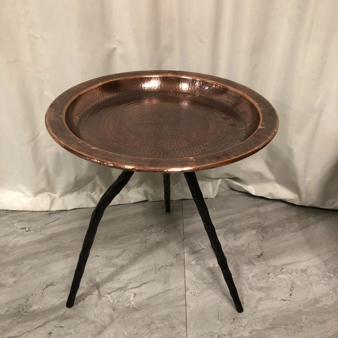 627博瑞奇手工复古锻打铁艺铜盘茶几边几咖啡桌紫铜角几08887