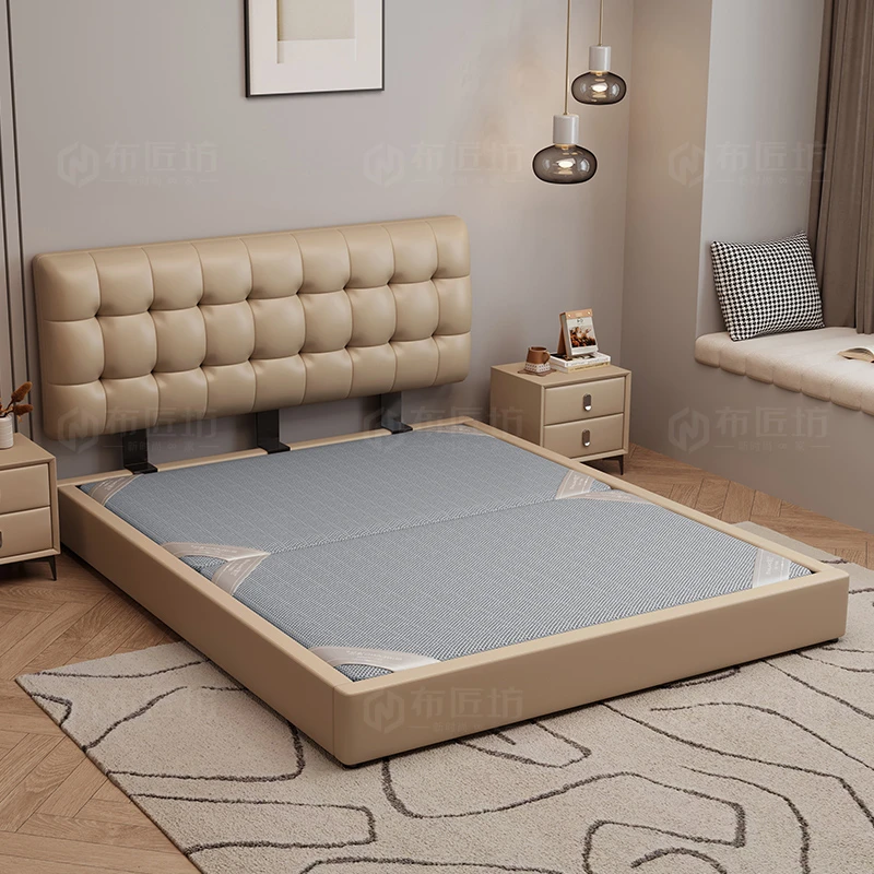 极简华夫格软包可调节床头真皮床主卧室现代简约北欧奶油风双人床