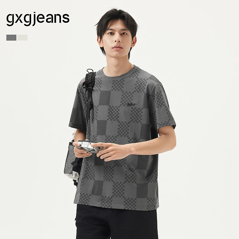 gxgjeans满印棋盘格圆领短袖T恤男25年夏#J25D442047