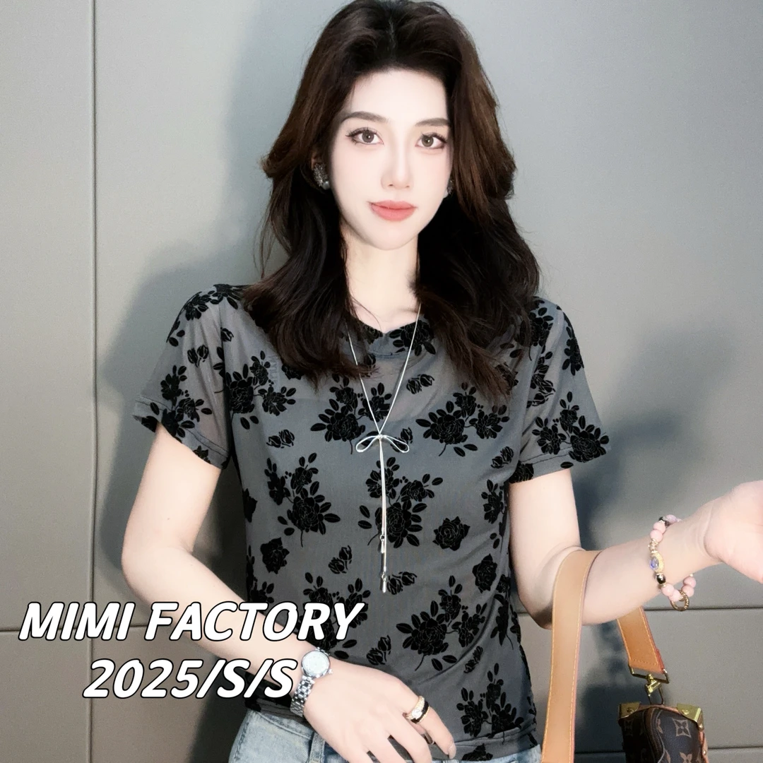 2025夏季新款 设计感微透玫瑰花短袖T恤女修身显瘦上衣4892#