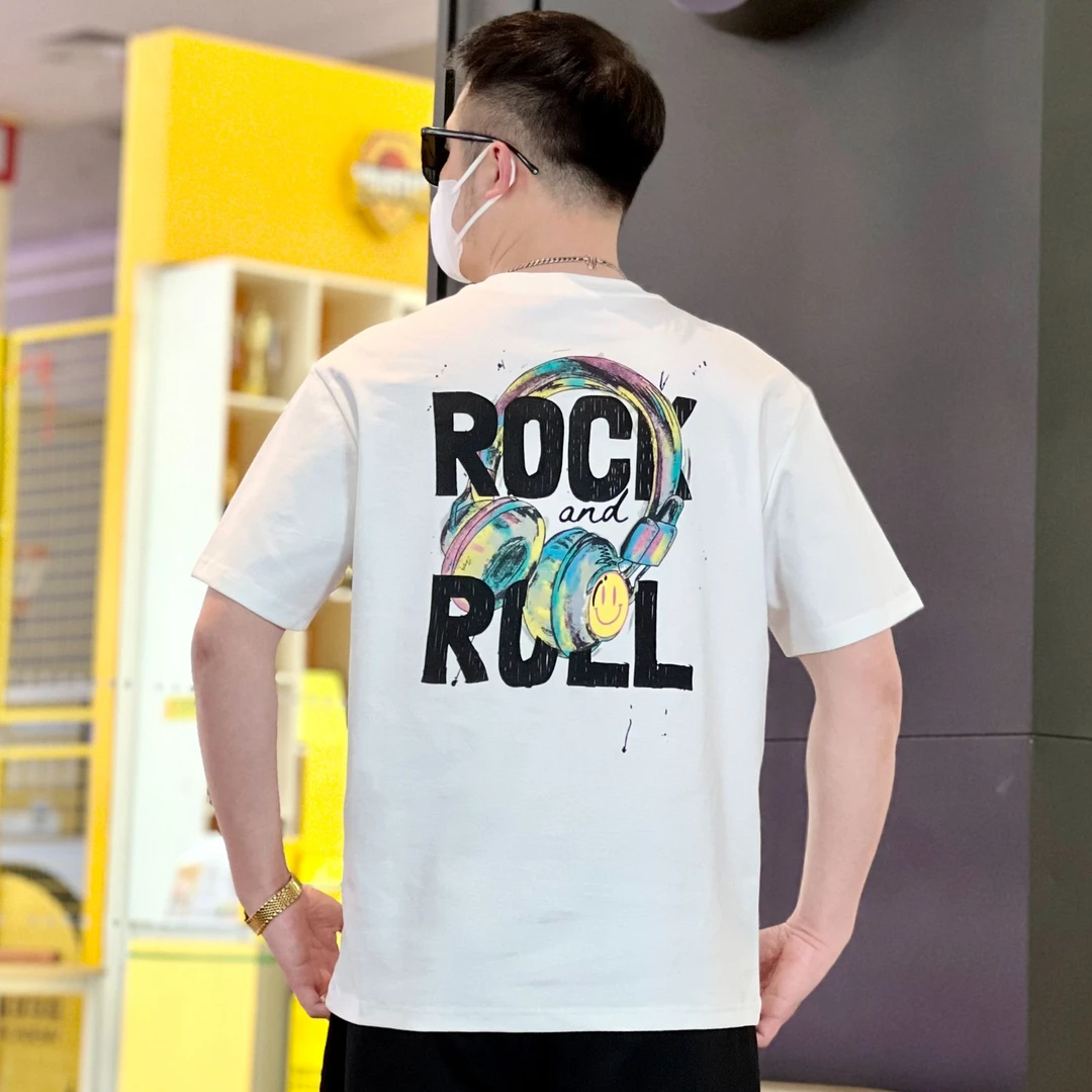 美式夏季新款潮彩绘卡通耳机微阔短袖T恤男士休闲百搭个性半袖ins