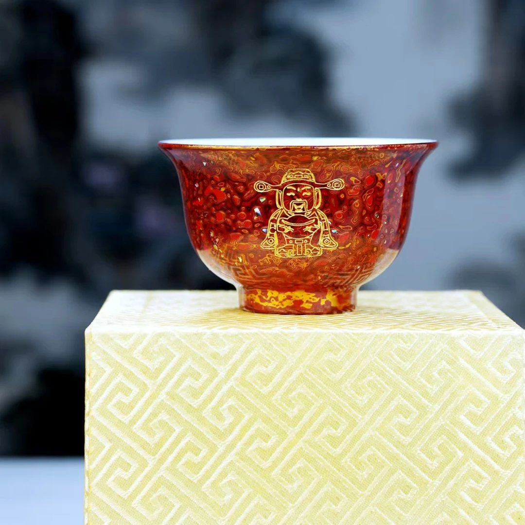 蛇年新春压手杯  仿古釉  红金犀皮漆  高端主人杯 纯手工陶瓷